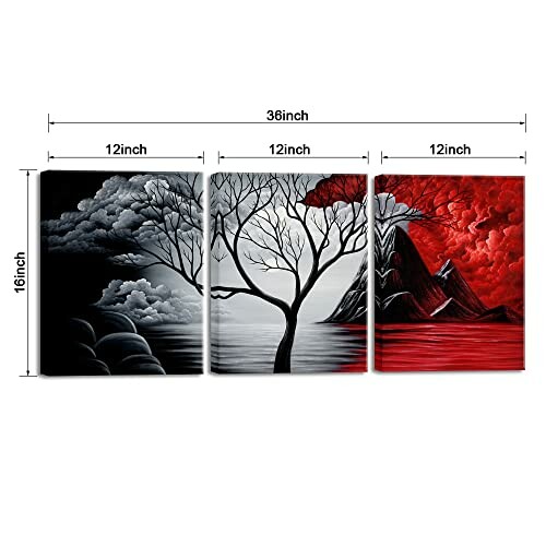 Abstract triptych with tree silhouette and red, black, and white tones.