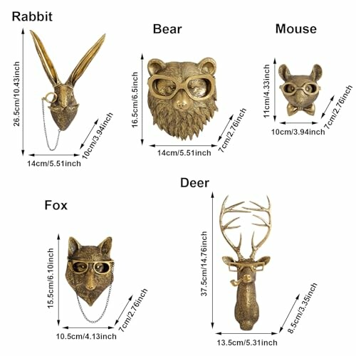 Decorative animal wall hooks featuring rabbit, bear, mouse, fox, and deer designs with dimensions.