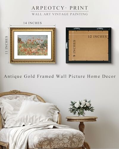 Antique gold framed wall art with floral painting next to a vintage chair and flowers.