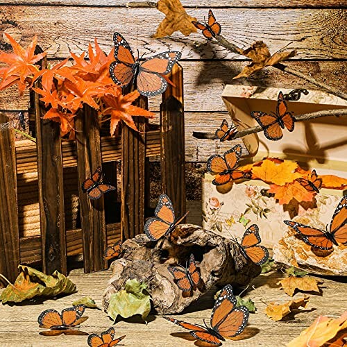 Autumn-themed decor with orange butterflies and leaves.