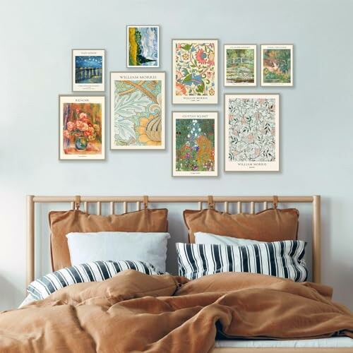 A bedroom with wall art above the bed, featuring a collage of art prints.