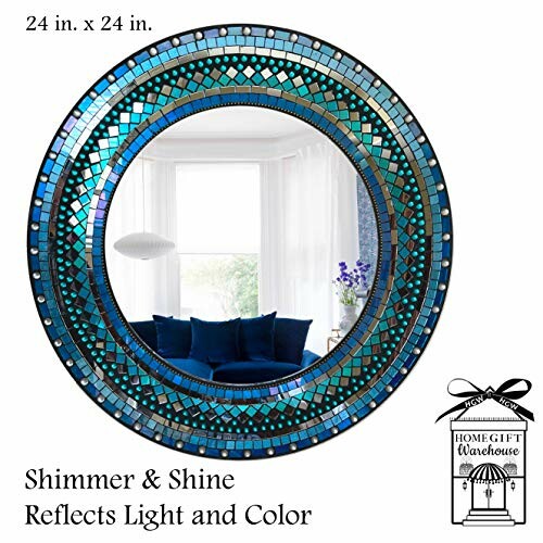 Round blue mosaic wall mirror reflecting a room interior.