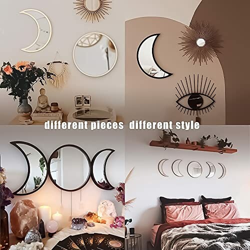 Bohemian home decor with various mirror designs and decorative elements.