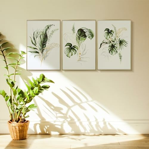 Botanical wall art with potted plant in sunlight.