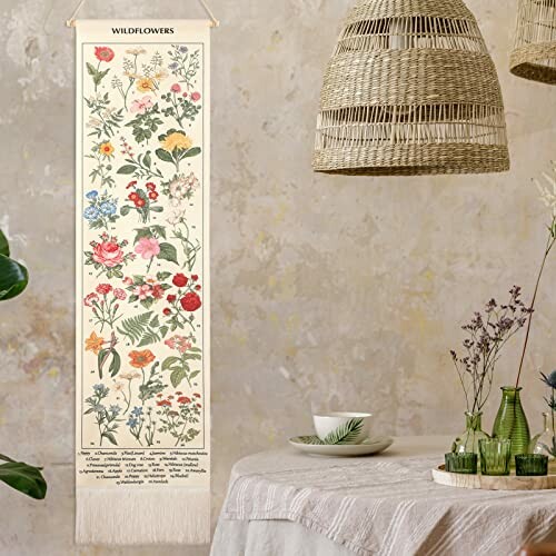 Botanical wall art with wildflowers in a cozy room setting.