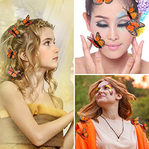 Women with butterfly hair accessories and makeup.