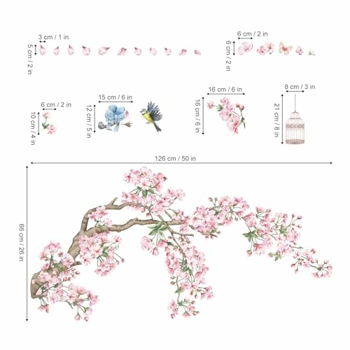 Cherry blossom wall decal with dimensions and additional elements.