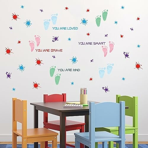 Colorful classroom wall art with positive messages and footprints.