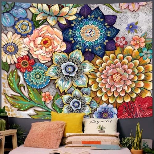 Vibrant floral wall art with various colorful flowers.