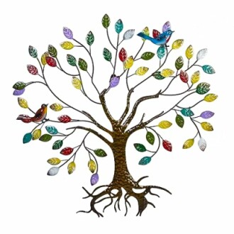 Decorative metal tree sculpture with colorful leaves and birds