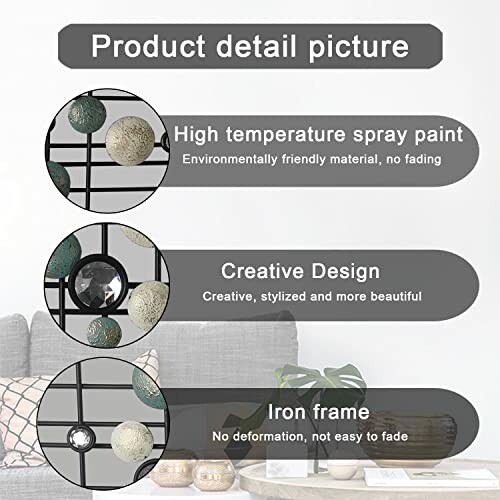 Product detail picture of decorative wall art with high temperature spray paint, creative design, and iron frame.