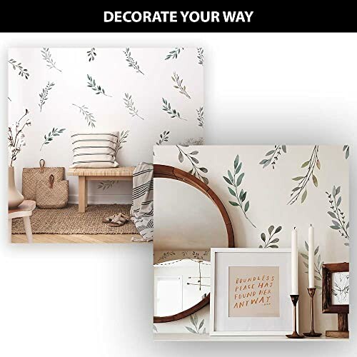 Decorative leaf-patterned wallpaper in a living space.