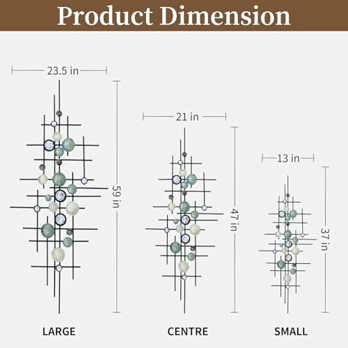 Wall art dimensions for large, centre, and small sizes.