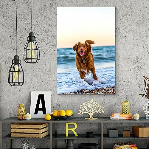 Wall art of a dog running on the beach in a modern living room setting.