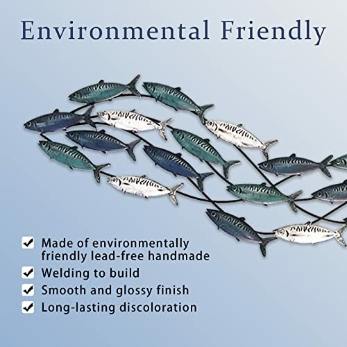 Metal fish art with environmental friendly features listed.