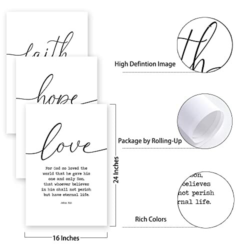 Set of three inspirational posters with the words faith, hope, and love, plus a Bible verse from John 3:16.