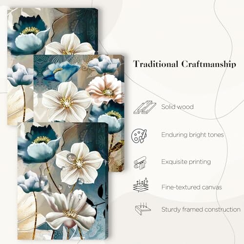 Floral art canvases with traditional craftsmanship features.