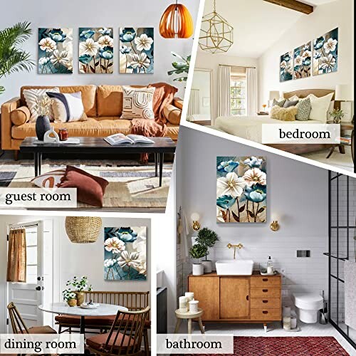 Collage of floral wall art in guest room, bedroom, dining room, and bathroom settings.