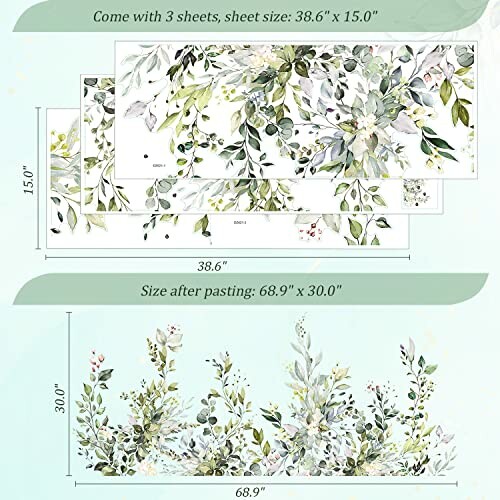 Floral wall decals with dimensions, featuring green leaves and white flowers.