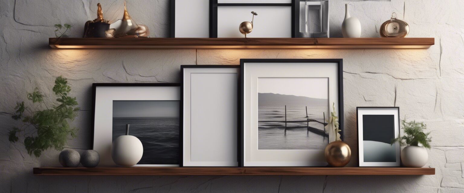 Display of various photo frames on a shelf