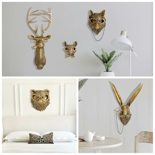 Gold animal head wall decor in a room setting.