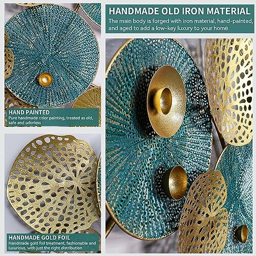 Handmade iron wall art with gold foil and teal paint details.