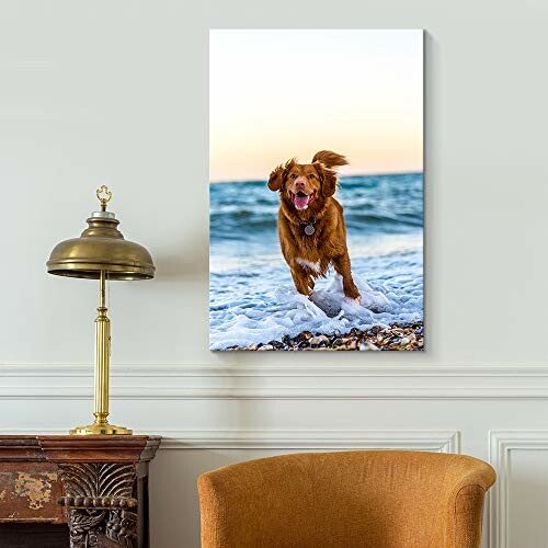 Dog joyfully running on a beach in a framed wall art.