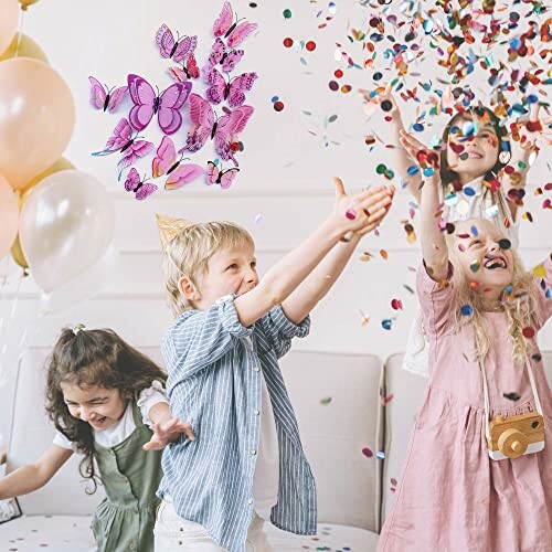 Children celebrating with confetti and balloons indoors.