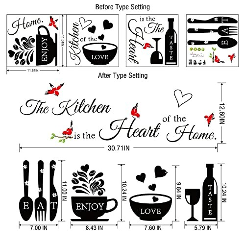 Kitchen wall decals with quotes and kitchenware designs.