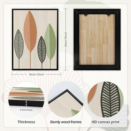 Leaf pattern wall art with frame dimensions and details.