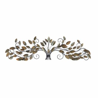 Decorative metal wall art featuring tree branches with leaves.