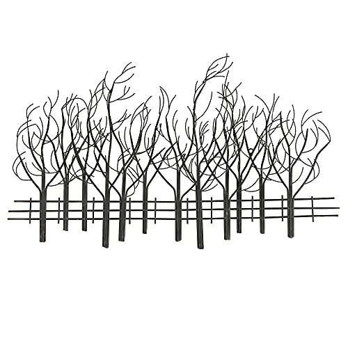 Metal wall art featuring a row of abstract leafless trees.