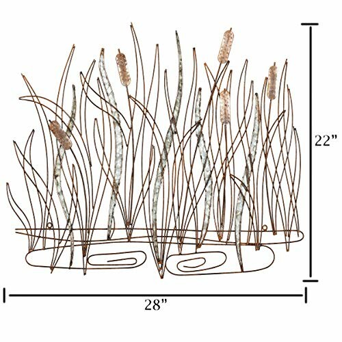 Metal wall art featuring cattail design with dimensions of 28 by 22 inches.