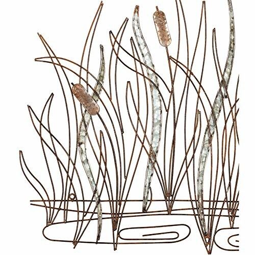 Metal wall art featuring cattails and abstract lines.