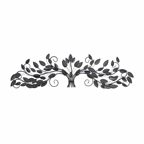 Decorative metal wall art featuring tree branches with leaves.