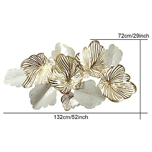 Decorative metallic leaf wall art with dimensions.