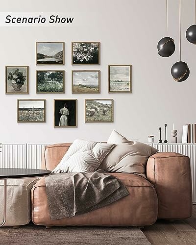 Modern living room with a brown sofa and framed art on the wall.