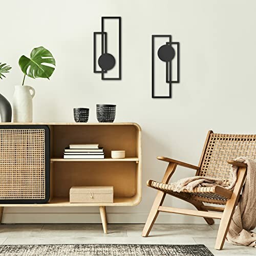 Modern living room with wicker chair, wooden cabinet, and geometric wall art.