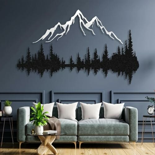 Living room with mountain wall art and green sofa