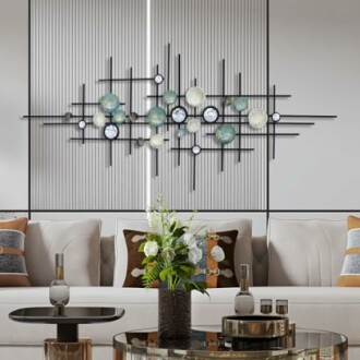 Modern living room with abstract metal wall art and stylish decor.