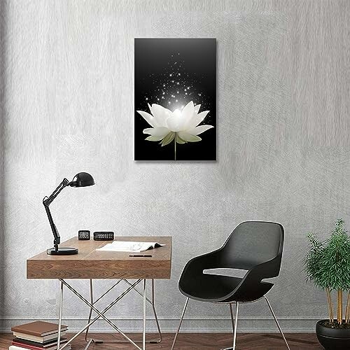 Modern office with desk, chair, and flower art on wall