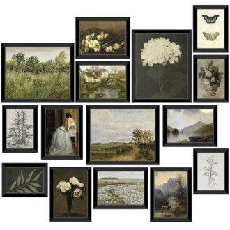 Collage of framed vintage nature and floral paintings and illustrations.
