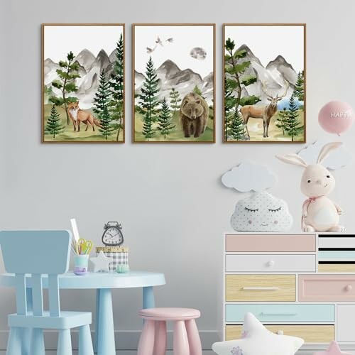 Nursery room with mountain and animal art on wall, pastel furniture, and stuffed toys.