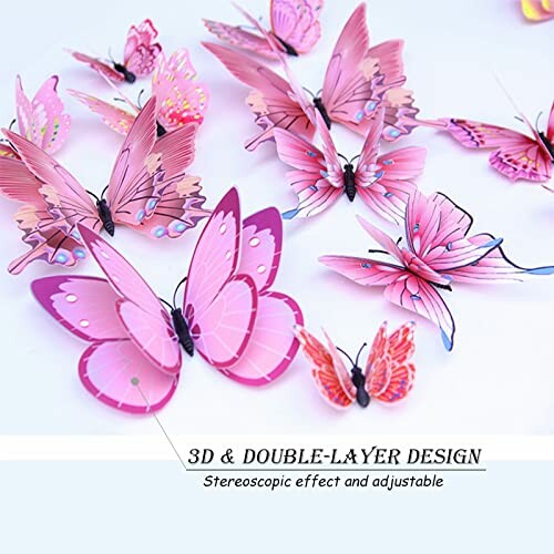 Pink 3D butterfly wall decals with double-layer design.