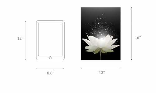 Size comparison of a tablet and a glowing flower image.