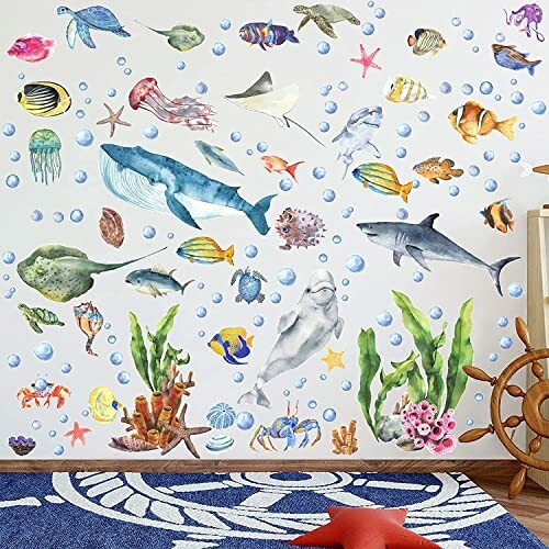 Colorful underwater creatures wall art with fish, coral, and sea plants.