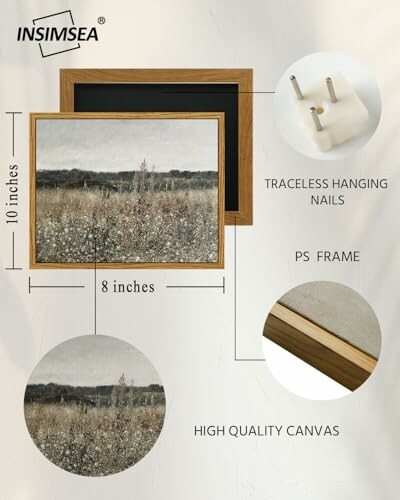 Wall art with frame dimensions and features including traceless hanging nails, PS frame, and high-quality canvas.