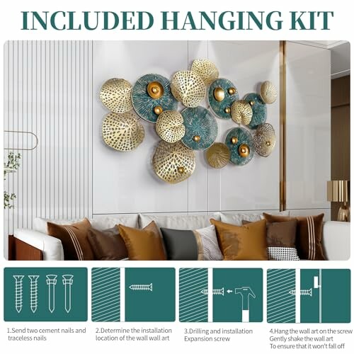 Wall art installation guide with included hanging kit and decorative pieces.