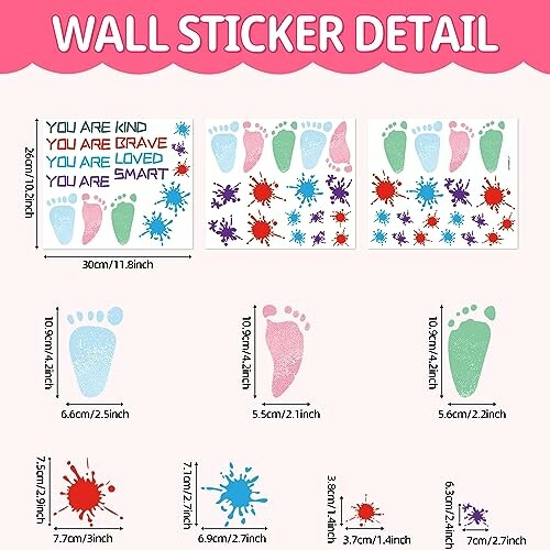 Colorful wall sticker details with footprints and splatter designs.