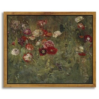 Framed painting of red and white wildflowers in a garden